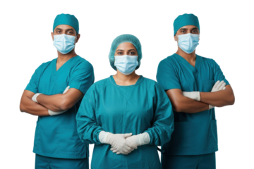 Confident South Asian surgical team ready for operation in scrubs, cutout isolated on transparent background
