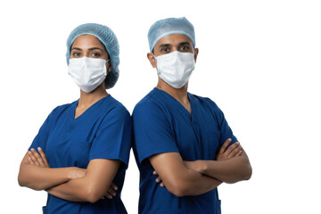 Confident South Asian medical team stands ready in blue surgical scrubs, cutout isolated on transparent background