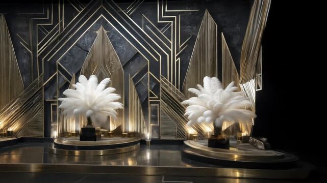 Deco style stage backdrop featuring geometric shapes and white feather displays