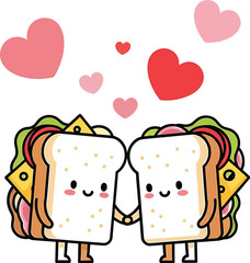 Kawaii Food Couple Sandwich Illustration Vector Cute Design