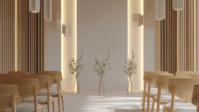 A modern ceremony space with wooden accents, lit walls, and chairs. Features floral arrangements