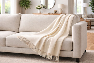 Scarf Fabric Mockup with Tassels on Sofa with Fabric Folds