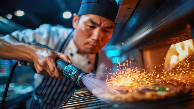 Professional chef using high-pressure steam to finish pizza in a commercial kitchen oven