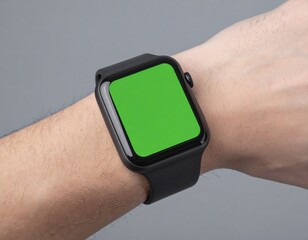 Close-up of a person's wrist wearing a black smartwatch with a green screen display against a gray background.