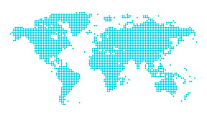 World map formed by small blue circles in a halftone style. This creative global concept combines a circle pattern and a world map design. © Tuba Reza