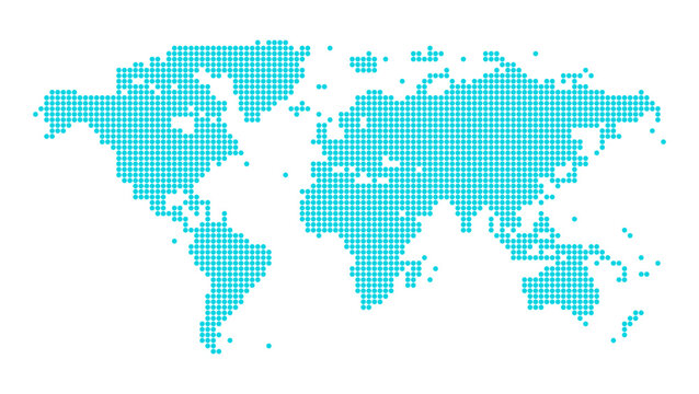 World map formed by small blue circles in a halftone style. This creative global concept combines a circle pattern and a world map design.