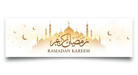Ramadan Kareem banner with mosque silhouette and Arabic calligraphy on a gradient background