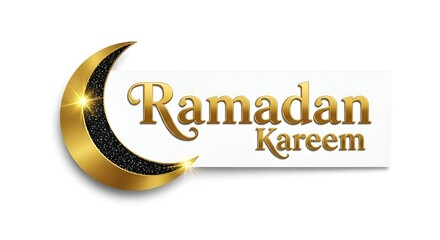 Elegant golden crescent moon and 'Ramadan Kareem' greeting, a festive graphic celebrating the holy month, suitable for cards, banners, and digital media