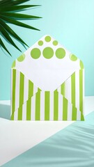 Open, patterned envelope with leaf shadow, light backdrop
