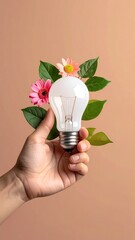 A hand holds a lightbulb with flowers and leaves