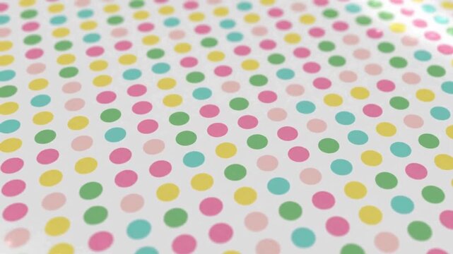 Colorful polka dot pattern on a white background, featuring an array of pink, yellow, green, and light blue dots.