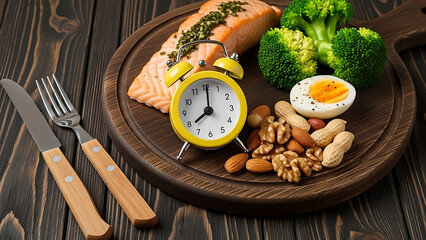 Healthy meal with salmon, broccoli, eggs, nuts, and a clock indicating meal timing