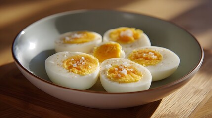 Halved hard boiled eggs sprinkled with salt in a bowl illuminated by soft sunlight