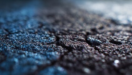 Close-up, textured surface with intricate cracks and deep blue hues