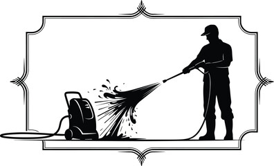 Man using a pressure washer with equipment in a decorative frame