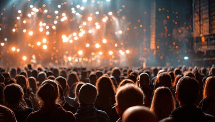 Crowd watching a bright stage lit by many glowing lights