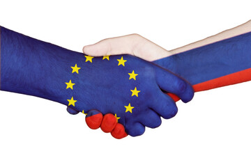 European Union and Russia flag painted hands shaking, geopolitical concept.
