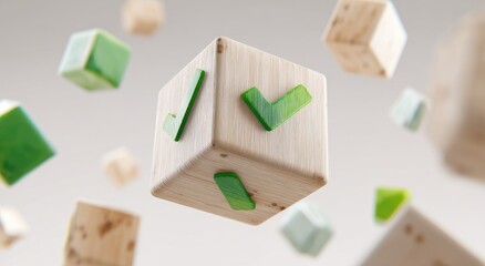 Wooden cubes with green checkmarks float in a soft focus, light gray background