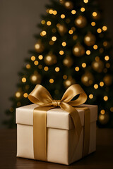 Golden new year gift glowing with magic in front of festive tree lights