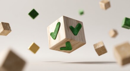 A wooden cube with green checkmarks floats amidst others