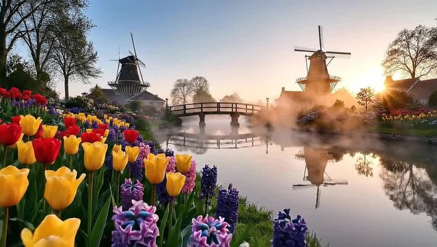 Dutch Windmills and Tulip Fields at Sunrise.