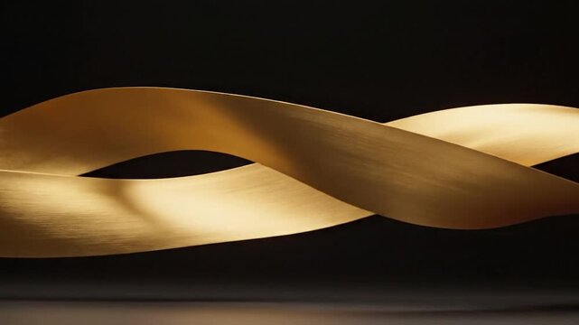 Elegant golden ribbons curve and intertwine against a dark background with soft lighting