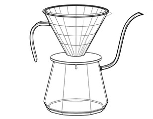Line drawing of a pour-over coffee setup, elegant and modern