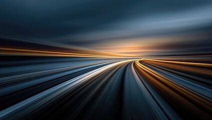 Streaking lights and motion blur convey a sense of rapid movement on a futuristic track
