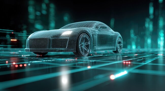 Wireframe sports car illuminated with futuristic glowing digital network lights - Powered by Adobe