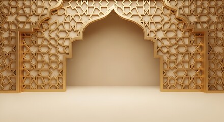 Elegant Islamic geometric archway with intricate patterns and warm lighting, perfect for festive or cultural backdrops