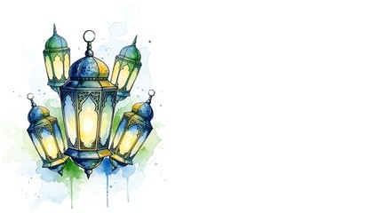 Vibrant watercolor illustration of traditional Middle Eastern lanterns, glowing warmly for a festive celebration, perfect for cultural greetings and festive decorations