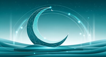 Luminous Crescent Moon against a Serene Teal Sky, Adorned with Glowing Geometric Arcs and Modern Abstract Patterns &ndash; A Vision of Tranquil Reflection and Contemporary Spirituality