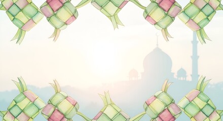 Cultural Celebration Background Traditional Watercolor Ketupat Border with Soft Mosque Silhouette, Ideal for Festive Greeting Card Designs