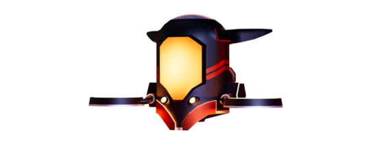 Futuristic robot head with glowing yellow eyes and red accents.