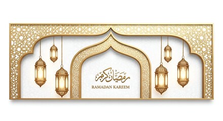 Elegant Ramadan Kareem greeting card banner design with golden Islamic lanterns and intricate arabesque arch patterns, perfect for festive religious celebrations and well wishes