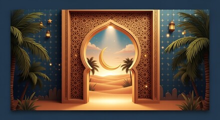 Enchanting Night Scene with Ornate Archway and Crescent Moon in Desert Landscape, Perfect for Ramadan and Eid Celebrations