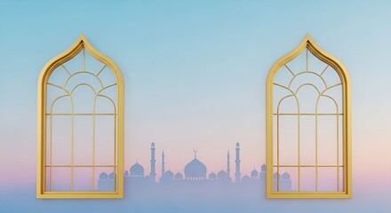Golden Ramadan Islamic Arches with Silhouette Cityscape on a Gradient Sky Background