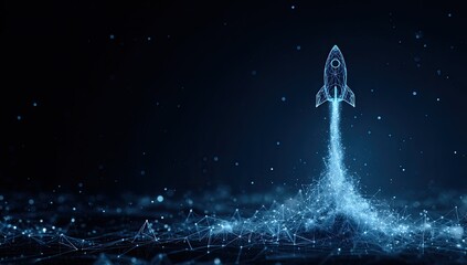 Futuristic digital rocket launch, emerging from abstract network, ascending into darkness