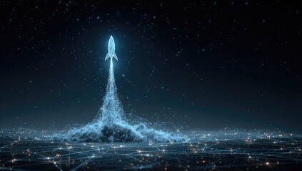 A glowing digital rocket launches from a futuristic city at night