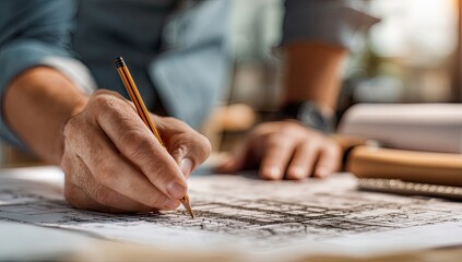 Close-up of hands drawing on detailed architectural plans with pencil
