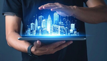 Hands holding tablet with holographic cityscape, glowing skyscrapers, futuristic urban technology…