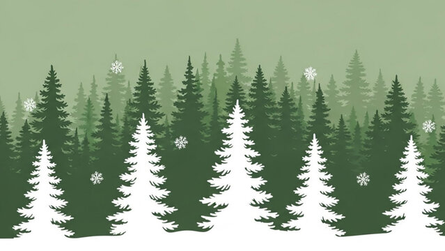Snowy forest landscape with white and green pine trees and snowflakes on a muted green background