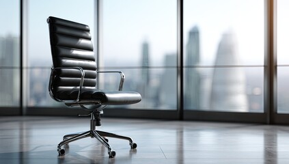 Sleek black office chair sits empty in a sunlit room with city view