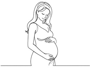 Line drawing of a pregnant woman tenderly holding her baby bump