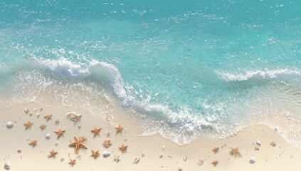 Gently rolling waves meet a sandy beach adorned with shells and starfish