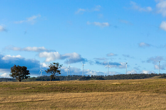 Wind farm turbines energy generators on horizon past farm paddock landscape in Australia