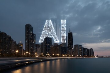 Obraz premium Futuristic city skyline with glowing AI text shimmering above skyscrapers at dusk