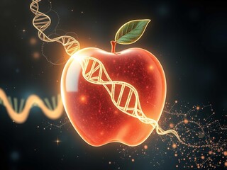 Genetic engineering concept with DNA helix wrapped around a red apple, symbolizing biotechnology and genetic modification