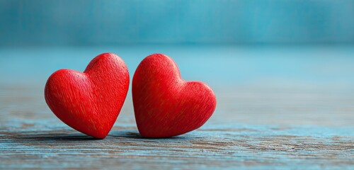 Two red wooden hearts resting on a blue, weathered wooden surface
