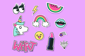 Fashion cute patches, stickers set. Vector trendy illustration.